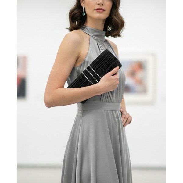 Evening Bag - Satin Pleated w/ 3 Liner Clear Stone - Black - BG-EBS1132BK